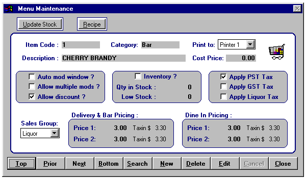 menu item maintenance window